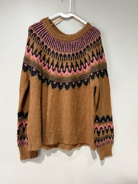 Knox Rose Brown Fair Isle Sweater with Pink and Black Accents